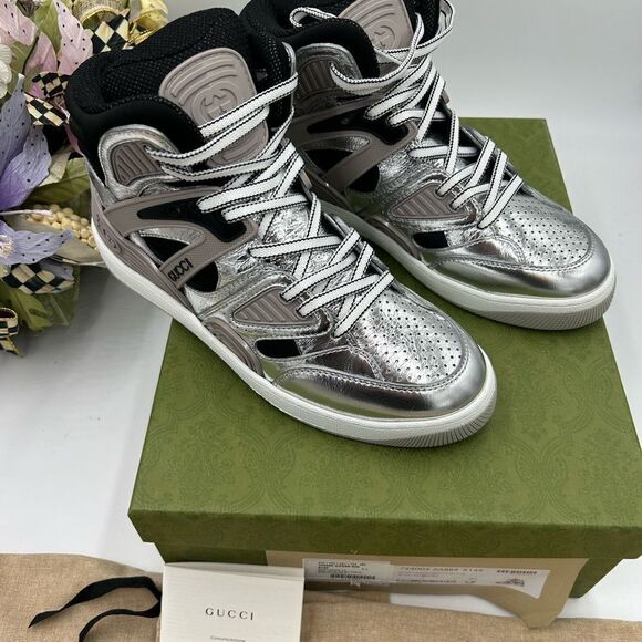 Men’s Gucci basket high top silver sneakers size 7.5 made in Italy - Picture 3 of 12